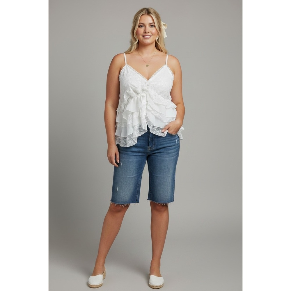 Shein Curve White Lace Ruffle Layered Camisole Top 2XL Plus Size Boho Romantic